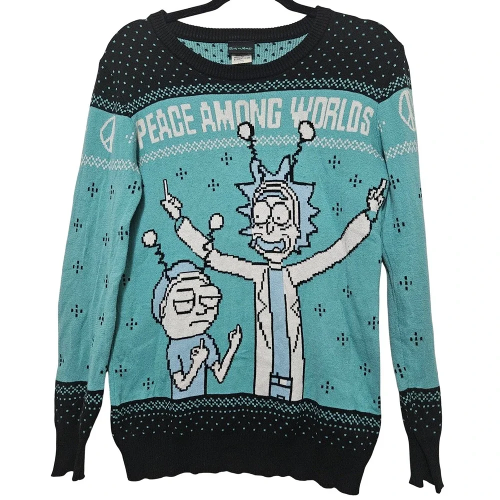 Rick and Morty Peace Among Worlds Ugly Christmas Sweater Adult XS Middle Finger‎